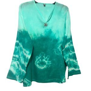 Upcycled Tie Dye Bright Green Gauzy Ombre V Neck Bell Sleeve Tunic Top